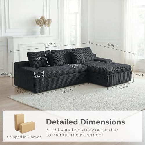 HipyMo 105” Modular Sectional Sofa, Cloud Sectional Couch with Deep Seat, Modular L-Shape Sofa Couch with Chaise, Boneless Couches for Living Room Bedroom (Black, Right Facing Chaise) - Thumbnail 2