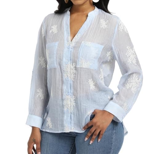 Ystguic Women's Sky Baby Blue Button Down See Through Embroideried Shirts - Thumbnail 6
