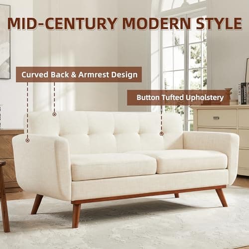 Kingfun 65.2" W Loveseat Sofa, Mid Century Modern Decor Love Seat Couches for Living Room, Button Tufted Upholstered Furniture, Easy to Install Small Couch for Bedroom Office Apartment, Cream White - Thumbnail 6