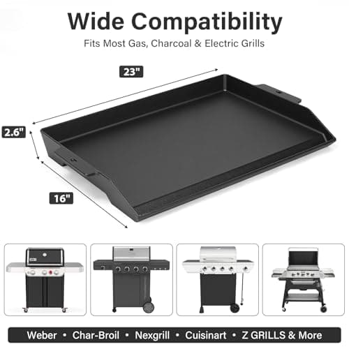 BLUES GRILL PARTS 23" x 16" Enameled Cast Iron Universal Griddle - Pre-Seasoned Nonstick Surface, Reinforced Ridges & Extra High Sidewalls, Flat Top Plate for Gas/Charcoal Grills - Thumbnail 2