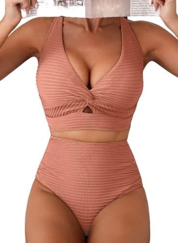 Herseas Women's High Waisted Bikini Sets 2026 Summer Knot Twist V Neck Swimsuits Textured Push Up Cute Wire Free Pink Bathing Suits Beach Vacation Outfits Cruise Essentials X-Small - Image 1