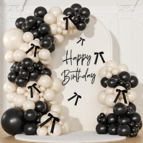Black and Sand White Balloon Arch Kit 141 Pcs Coquette Birthday Decorations Include Balloons and Black Bow for Wedding Baby Shower Gender Reveal Bow Birthday Decorations