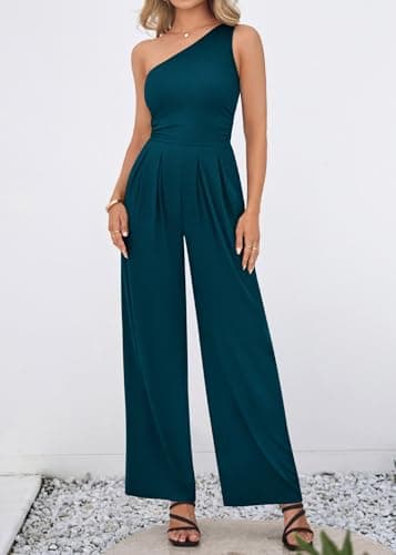 KIRUNDO One Shoulder Jumpsuits For Women Dressy Summer Formal One Piece Ribbed Wide Leg Romper Pockets Cocktail Party Outfits(Lake Blue, Medium) - Thumbnail 3