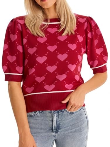 ALPSWARE Women Puff Short Sleeve Sweater Cropped Knit Shirts Cute Heart Valentines Pullover Crop Top(Please Size up)