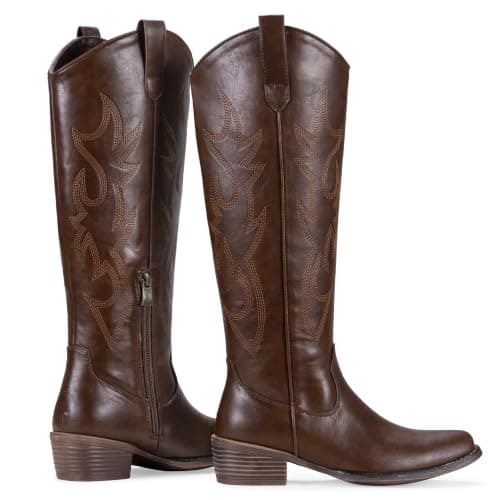 Jeossy Women's Whisky Red Brown Cowboy Boots Embroided Western Cowgirl Boots Round Toe Knee High Pull on Wide Calf Shoes with Inside Zipper Size 10 (DJY9809 whisky 10) - Thumbnail 6