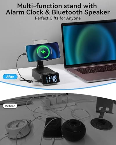 Father's Day Gifts for Dad, Birthday Gifts for Men, 7 in 1 Phone Stand Bluetooth Speaker with Alarm Clock, Wireless Charger, Light, USB Playback & Hands-Free Calling - Thumbnail 3