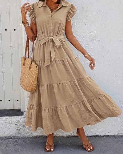 dowerme Women's Summer Casual Dresses 2026 Cap Ruffle Sleeve V Neck Button Belted Tiered Boho Maxi Dress with Pockets(Khaki,Large) - Thumbnail 3