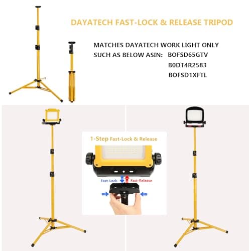 DAYATECH Adjustable Work Light Tripod Stand, Foldable Heavy Duty Steel Tripod, 35-55 Inch Height, Quick Release Mount, Yellow - Thumbnail 3