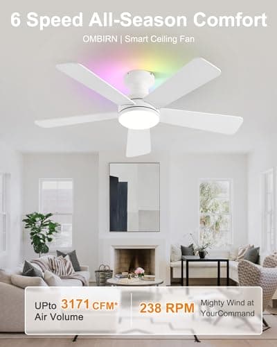 Ombrin 42 Inch Ceiling Fan with Lights, RGB Ceiling Fan with Light, App & Remote Control, Flush Mount Low Profile, Reversible, 3CCT, Dimmable LED, Noiseless, White Ceiling Fan for Bedroom - Thumbnail 6