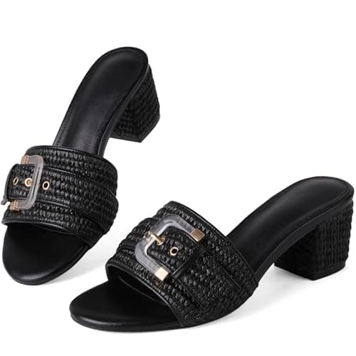 COMFITORIA Raffia Heeled Sandals Women Block Open Toe Slip on Mules