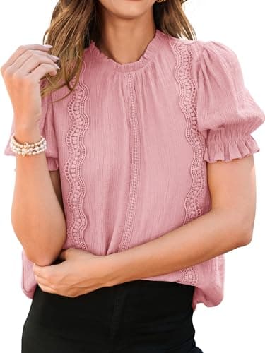 PRETTYGARDEN Business Casual Outfits for Women 2025 Trendy Summer Puff Short Sleeve Blouses Dressy Business Shirts (Pink,XL) - Image 1