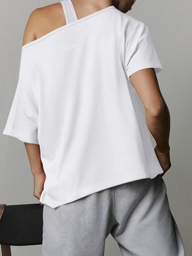 REORIA Women's Off The Shoulder Oversized T Shirts Short Sleeve 2026 Summer Basic Tees for Going Out Loose Fit Casual Daily Wear White Large - Thumbnail 3