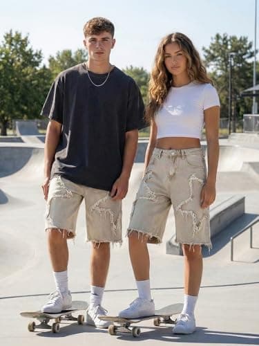 JMIERR Mens Baggy Jean Shorts Relaxed Fit Knee-Length Stretch Jorts Y2K Vintage Wide Leg Summer Casual Denim Shorts with Pockets, White, X-Small - Thumbnail 5