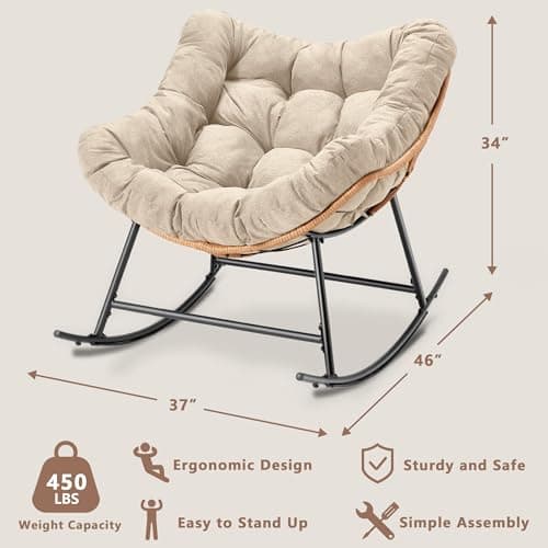 TEROL Outdoor Comfy Rocking Chair with Thick Cushion, Rattan Rocker Egg Chair Indoor with Straps, Patio Rocking Chair 450lbs for Garden, Backyard, Balcony, Lawn, Bedroom, Living Room (Beige) - Thumbnail 2