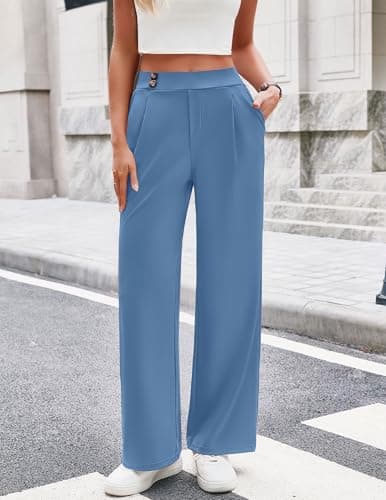 LOOKBOHO Women's Dress Pants Wide Leg Pull On Stretchy Work Pants High Waisted Business Casual Trousers with Pockets Grey Blue - Thumbnail 3