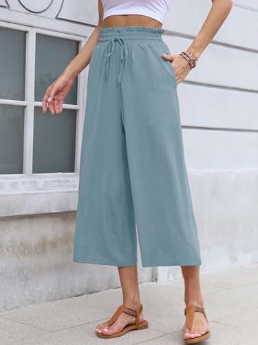 KORSIS Women Capri Pants Wide Leg High Waisted Casual Spring Dressy Palazzo Vacation Beach Tie Belt Trousers with Pockets Blue Gray Large - Thumbnail 3
