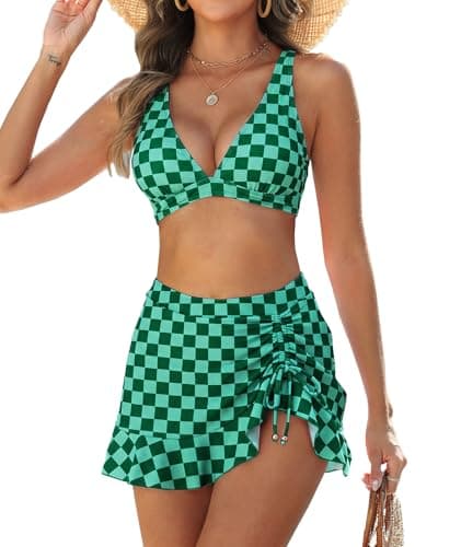High Waisted Bikini Sets for Women Gingham Push Up Two Piece Swim Skirt Set Tummy Control Bathing Suit 2026 Swimsuit Curvy V Neck Ruffle Full Coverage Tops and Bottoms Matching Set Plaid Green XXL - Image 1