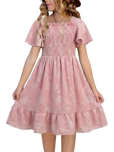 FREELYVE Tween Girls Summer Floral Dress Smocked Ruffle Sleeve Beach Party Boho Flowy Dresses with Pockets,Pink,10-11Y - Image 1