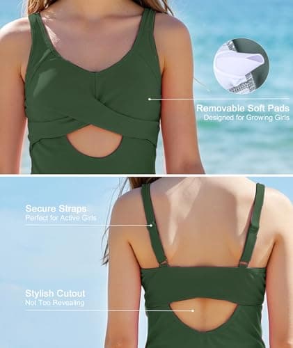 MFAVIP Girls One Piece Swimsuits Teen Swimsuits for Girls 14-16 Green V Neck Ruffle Strap for Beach - Thumbnail 5