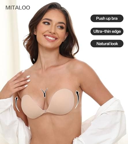 MITALOO Adhesive Bra Invisible Sticky Strapless Push up Backless Reusable Silicone Covering Nipple Bras Off-White Nude - Thumbnail 3
