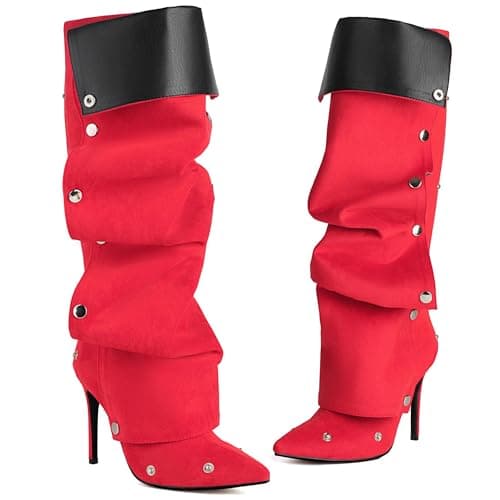 Lunhonk Women's Knee High Shark Boots Pointed Toe High Heels Ruched Stiletto Slouchy Party Boots Detachable Snap-off Panel - Image 1