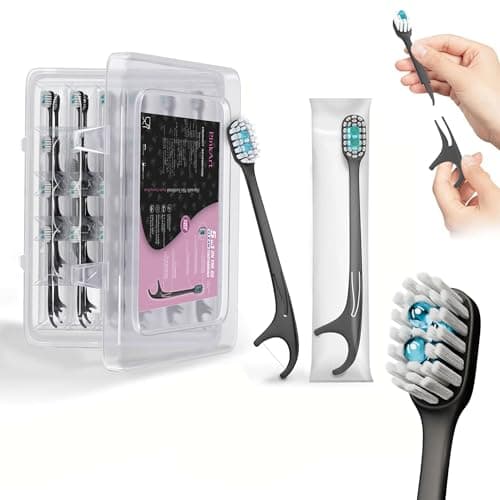 Pinkart 5-in-1 Travel Toothbrush | Disposable toothbrushes with Toothpaste | Floss/Toothpick/Tongue Scraper | Individually Wrapped Disposable toothbrushes | 5.3" Extended Handle (24 Count)