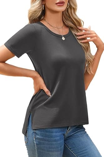 Herou Women Shirts Casual Short Sleeve Crew Neck Summer Tops with Side Split Tile Grey XX-Large - Image 1