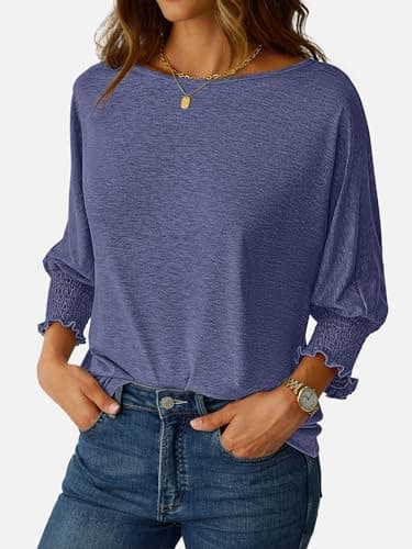 NORACORA Blouses for Women Dressy Casual 3/4 Length Sleeve Womens Tops Smocked Cuffs Trendy Summer Spring Fall Casual Shirts Navy Blue XS - Thumbnail 3