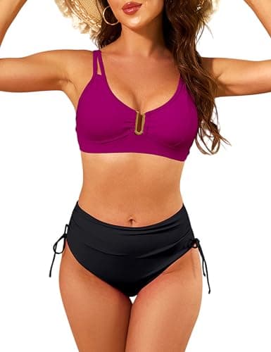 Nillocco Womens High Waisted Bikini Sets 2 Piece Curvy Modest Tummy Control Swimsuits Couture U-Wire Beach Swim Bathing Suit Purple X-Large - Thumbnail 2