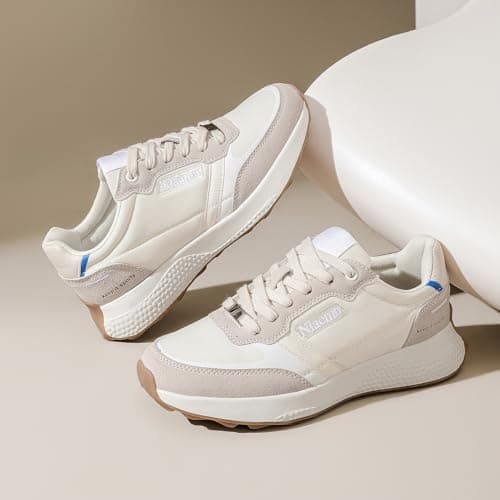 Niaemu Sneakers for Women Lightweight Lace-Up Shoes for Women Non-Slip Artificial Leather TPR Outsole Walking Shoes Tennis Running Fashion Sneakers (10,Beige) - Thumbnail 4