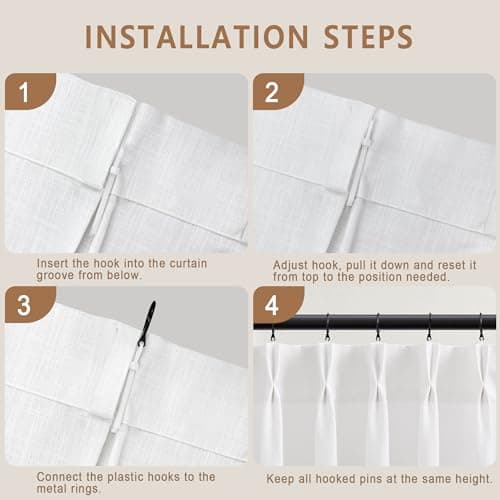 HUEVESSEL White Curtains 63 Inch Length for Living Room Pinch Pleated Pure White Linen Curtain Semi Sheer Short Pleat Drapes with Hooks Rings Bedroom 2 Panels Set - Thumbnail 3