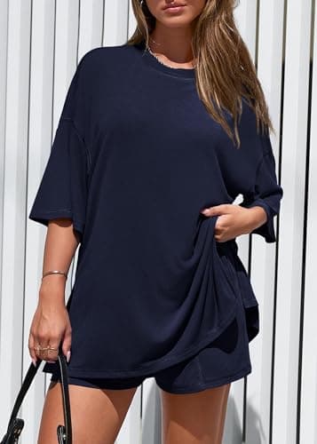 KIRUNDO 2 Piece Sets for Women Summer Lounge Sets Casual Oversized Tshirts Shorts Matching Airport Travel Outfits Postpartum(Navy Blue, XX-Large) - Thumbnail 3