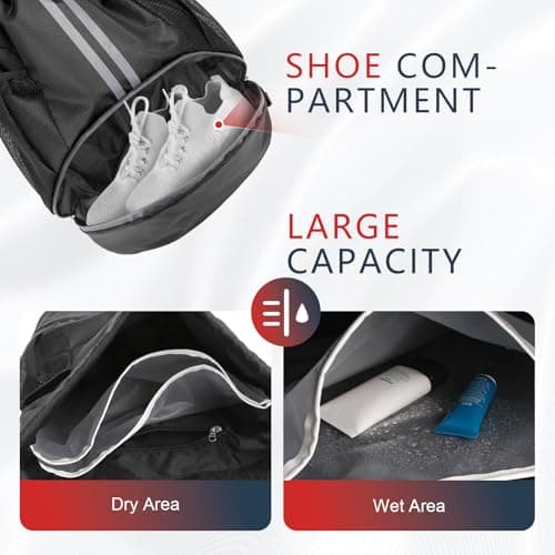 PinCute Drawstring Backpack for Women Men, Gym Bag for Soccer, Basketball, Swim, Beach, Water-Resistant Sports Backpack with Wet Pocket and Shoe Compartment, Black - Thumbnail 6