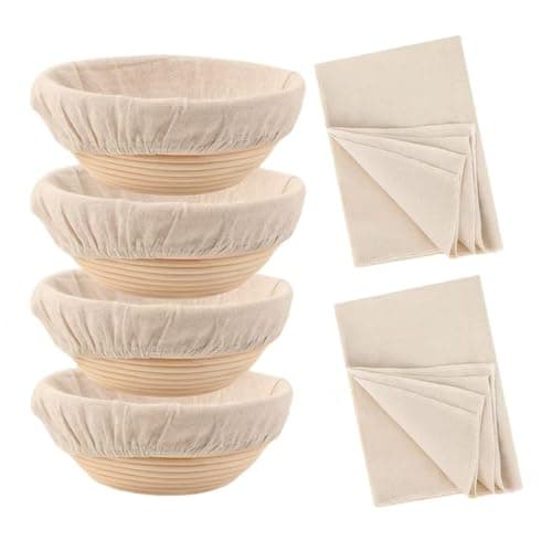 Set of 4 Proofing Basket, 9.8 Inch Round Bread Proofing Baskets with 2pcs 17"x29" Proofing Cloths, Sourdough Bread Baking Supplies, Bread Making Kit for Dough Baking