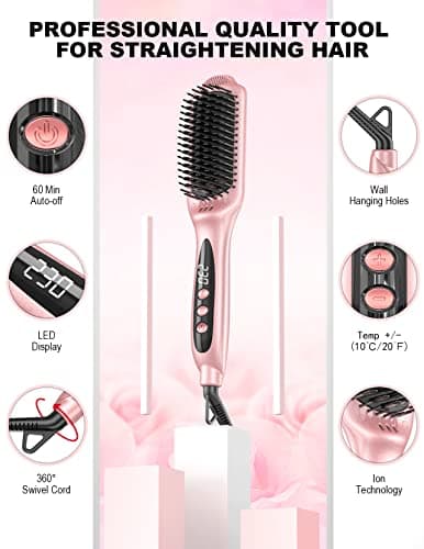 LANDOT Ionic Hair Straightener Brush – Ceramic Straightening Brush with 12 Heat Settings (250-450°F) for Smooth & Shiny Results, Ideal for Medium & Long Women Hair, Dual Voltage, Rose Gold - Thumbnail 5