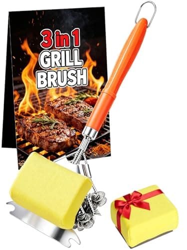 Professional 3-in-1 Grill Brush and Scraper with Safety Second Sweep Sponges - 18" Detachable Long Handle BBQ Cleaner for Heavy Duty Grime - Ideal Father's Day Grilling Gift for Men (Orange) - Image 1