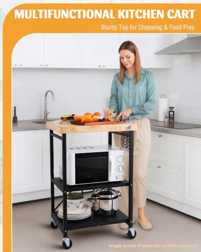Mythinglogic Foldable Kitchen Storage Cart, 3-Tier Rolling Cart with Solid Oak Top, Heavy-Duty Metal Utility Rack for Microwave, Pots, Dish Set, Meal Prep Area, Kitchen Island on Lockable Wheels - Thumbnail 6