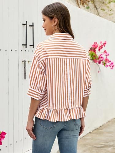 Womens Cropped Striped Shirts Button Down Half Sleeve Ruffle Bottom V Neck Casual Summer Blouse Tops Khaki XL - Thumbnail 6