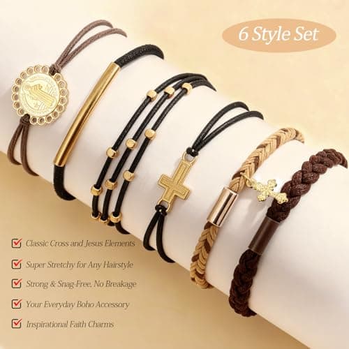 6 Pcs Boho Hair Tie Bracelets for Women | 6 Styles Cross & Jesus Stretchy No-Pull Elastic Hair Ties for Fine & Thick Hair, No Damage Hair Bands for Ponytail Holders - Thumbnail 3