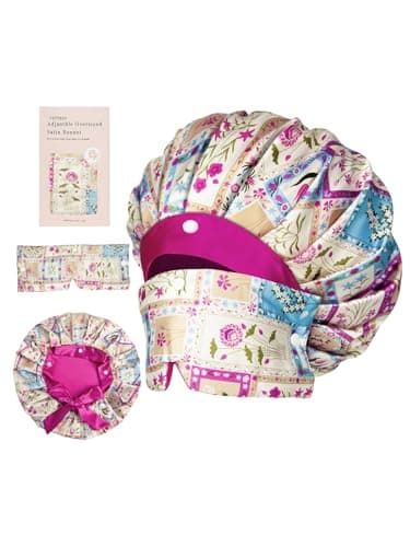 Vettres Pleated Silk Sleeping Bonnet with Eye Mask Double Layer Satin Hair Bonnets Sleep Cap for Curly Natural Hair Blue Purple Floral - Image 1
