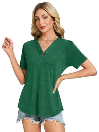 VUTRU Womens Summer Tops and Blouse Puff Short Sleeve Henley Tshirts Tunic Loose Flowy Dressy Business Casual Plus Size, Green L - Thumbnail 6
