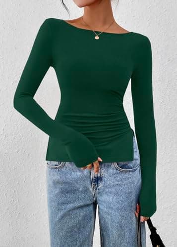 KIRUNDO Long Sleeve Going Out Tops for Women 2026 Spring Casual Boat Neck Workout Shirts Fall Fitted Side Slit Basic Tees(Dark Green, XX-Large) - Thumbnail 4