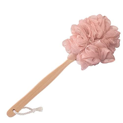 RASDDER Pink Loofah with Handle - Cute Back Scrubber & Exfoliating Shower Sponge, Soft Mesh Luffa on Wooden Stick, Bath Brush for Women and Girls - Image 1