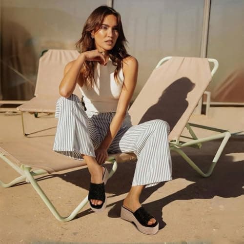 EQAUDES Summer Platform Wedge Sandals Comfortable Dressy Sandals Black Espadrille Sandals for Women Cute Beach Vacation Sandal Woven Straw Raffia Sandal - Thumbnail 6
