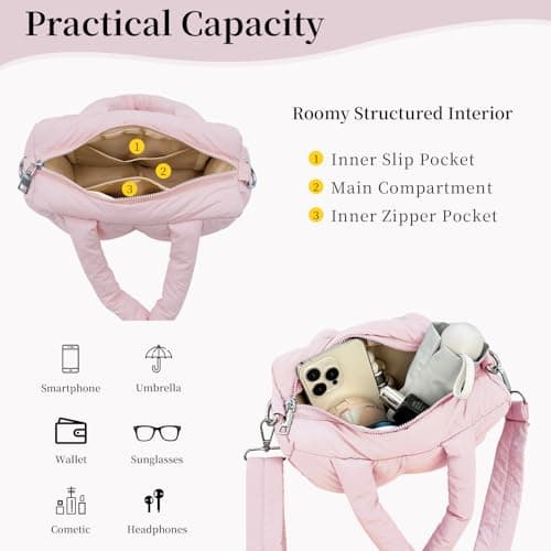 JHhomezeit Small Puffer Bag for Women, Crossbody Puffer Tote Bag Quilted Puffy Bags Satchel Shoulder Purse Fluffy Handbag Pink - Thumbnail 4