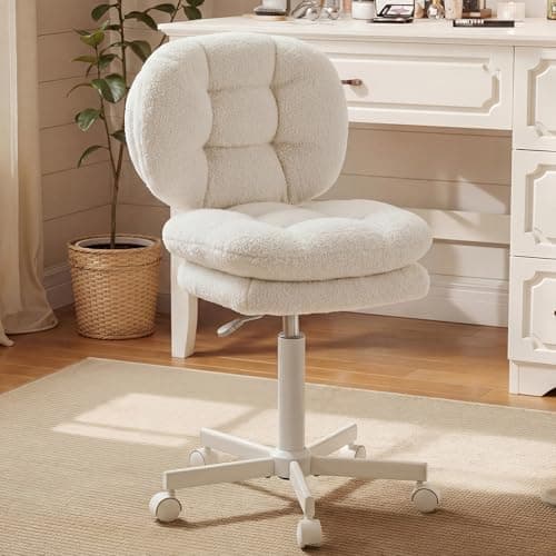 Dowinx Vanity Chair with Wheels, Double-Layered Thickened Cushion Makeup Chair with High Backrest, Armless Swivel Ergonomic Comfy Desk Chair for Home Office, Adjustable Height for Bar Counter-White - Image 1