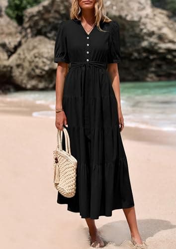 PRETTYGARDEN Summer Dresses for Women 2026 Elegant Classy Short Sleeve V Neck Ruffle A Line Belted Long Beach Vacation Dress (Black,X-Large) - Thumbnail 3