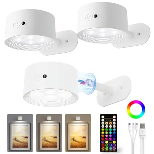 AMETHEUS Picture Lights for Wall, 2000mAh Rechargeable Magnetic Art Lights with 3 Color Temps & RGB, Remote Dimmable Battery Operated Wall Light for Bedroom, Living Room, Gallery (White, 3 Pack)