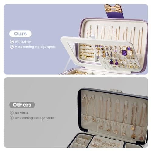 Lolalet 2 Layer Jewelry Box for Teen Girls & Young Women, Jewelry Organizer Case with Bow Clasp and Mirror for Earrings Rings Necklaces Storage, Gift Idea -Purple - Thumbnail 5