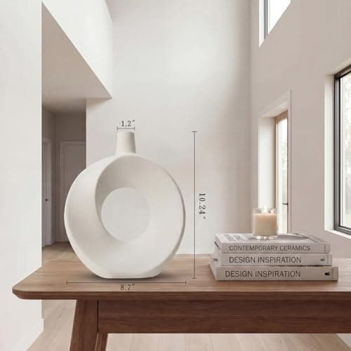 DSYSMIN 10.24" White Ceramic Donut Vase for Pampas Grass - Modern Speckled Matte Circular Hollow Vase, Minimalist Japandi Style Flower Vase for Living Room, Mantel, Kitchen (Watertight & Handmade) - Thumbnail 4